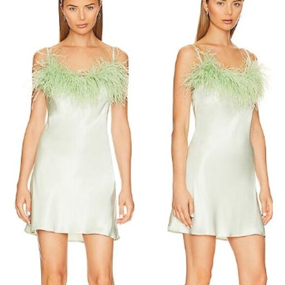 NWT Sleeper Boheme Feather-Trim Mini Slip Dress Mint Green Women's Size L - Picture 1 of 5